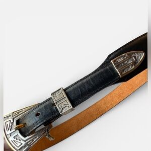Black leather belt with tribal design buckle silver